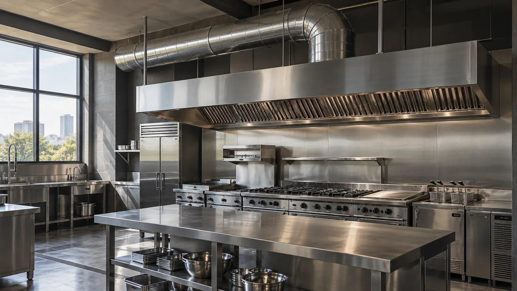 Cozinha profissional com coifa, duto e bancadas de aço inox.